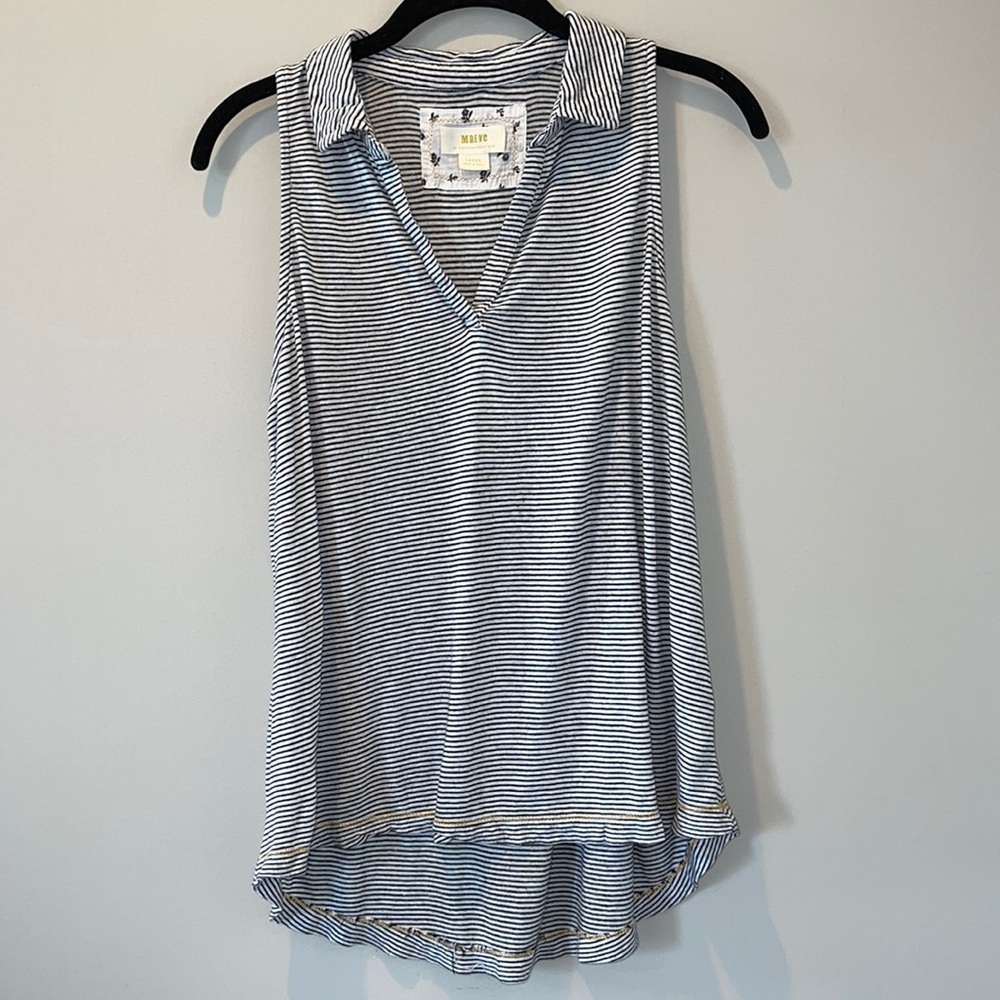 Maeve Anthropologie Striped Sleeveless Top V Neck Collared Womens Size L